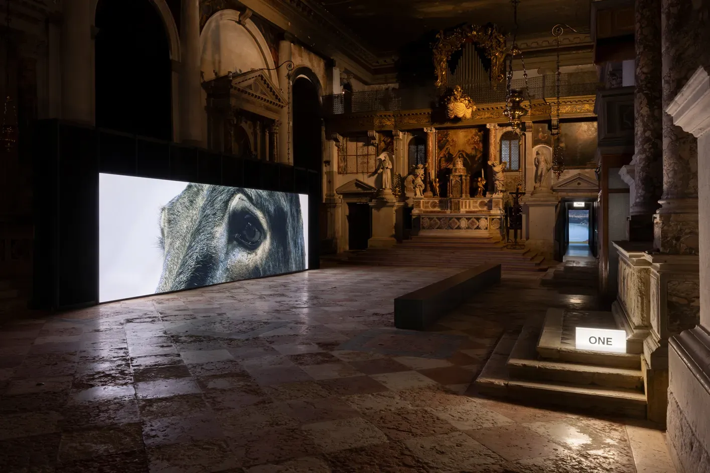 A moving image installation located in a dimly-lit ornate mansion filled with classical art.