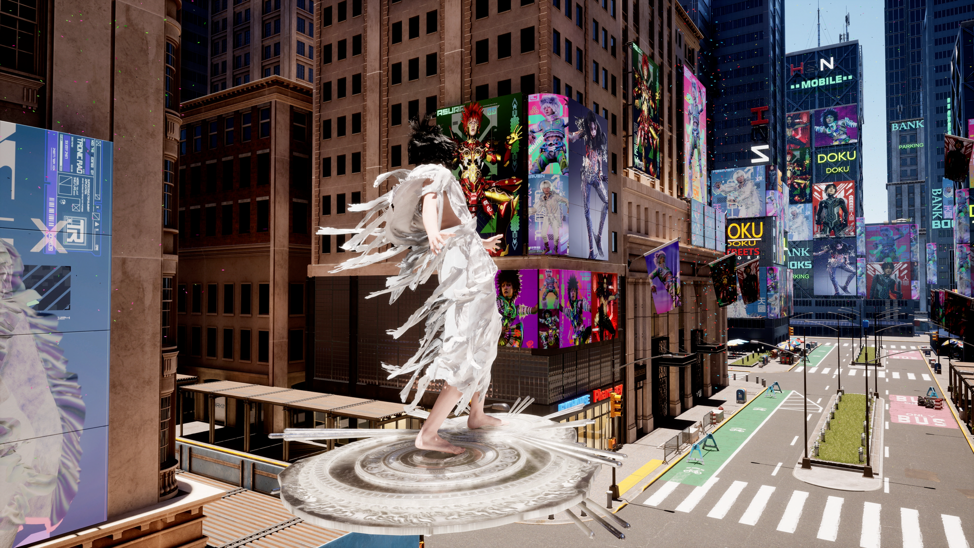 A CGI-rendered image of an avatar in a video game environment built to look like an urban metropolis with a multitude of LED screens on buildings.
