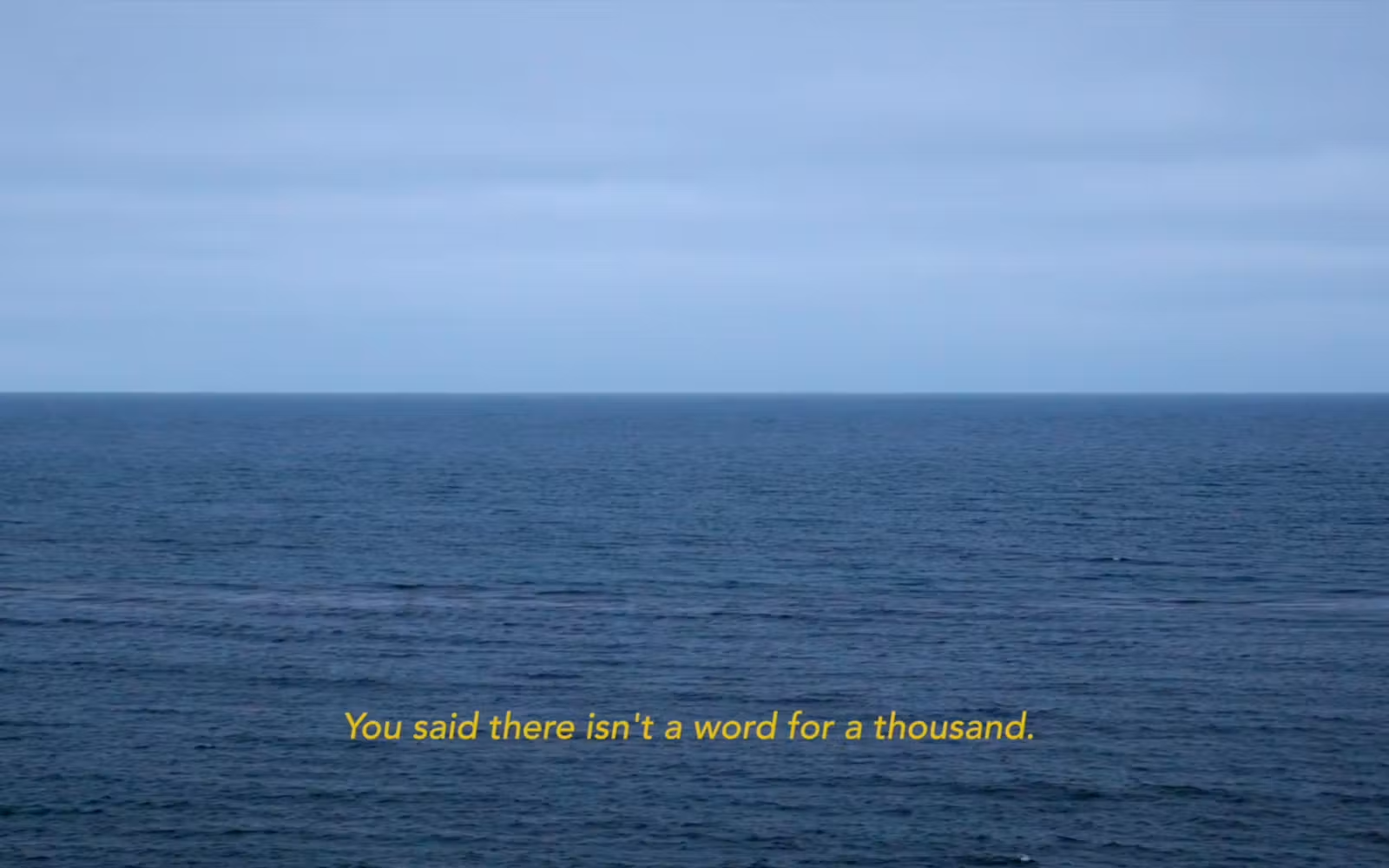 An expansive view of the blue ocean with a light blue sky above it, and a subtitle that reads "You said there isn't a word for a thousand."