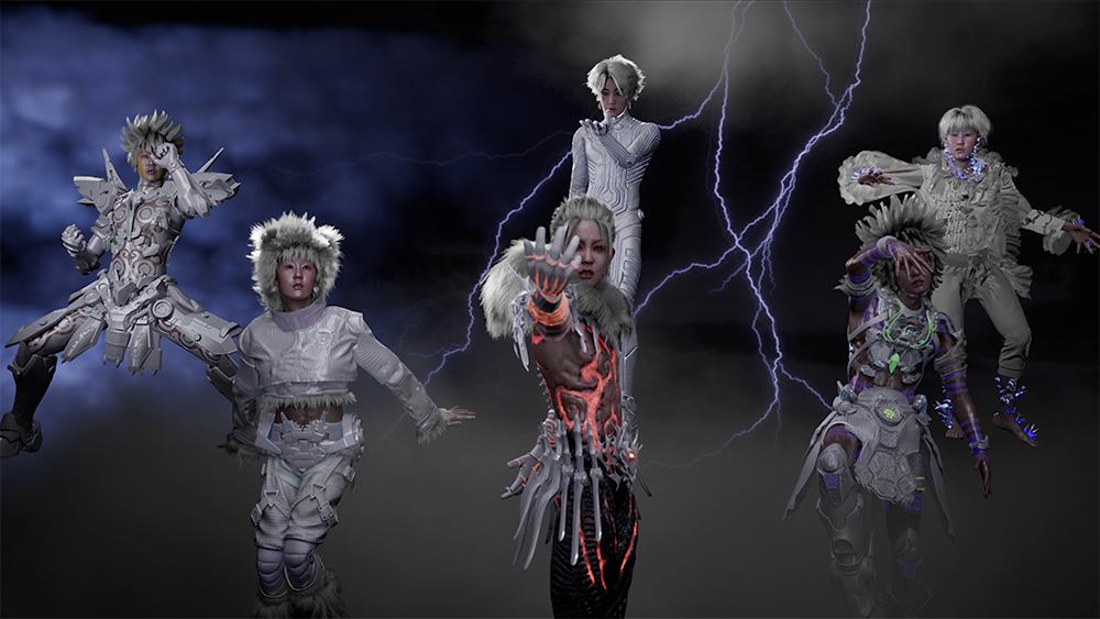 A CGI-rendered image of six variations of an avatar witih the same face, all dressed in fantasy-style warrior outfits.