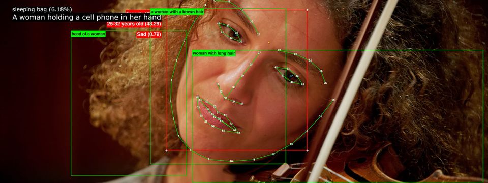 CGI image of a woman with long curly hair and tan skin, her face being scanned and tagged by various lines and text boxes that mark and describe her features in a machine-readable manner.