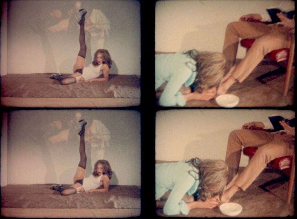 A quadrant of film frames, the two on the left show a young woman lying on the ground with no pants, her legs spread with one raised up in the air, the two on the right feature a woman on h