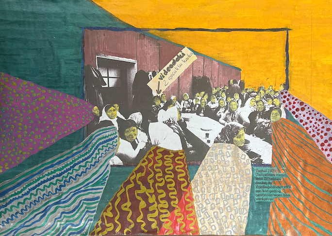 A collage featuring women in a factory, with fragments of newspaper text and hand-written text, and colorful hand-drawn patterns cascading from their heads and bodies.