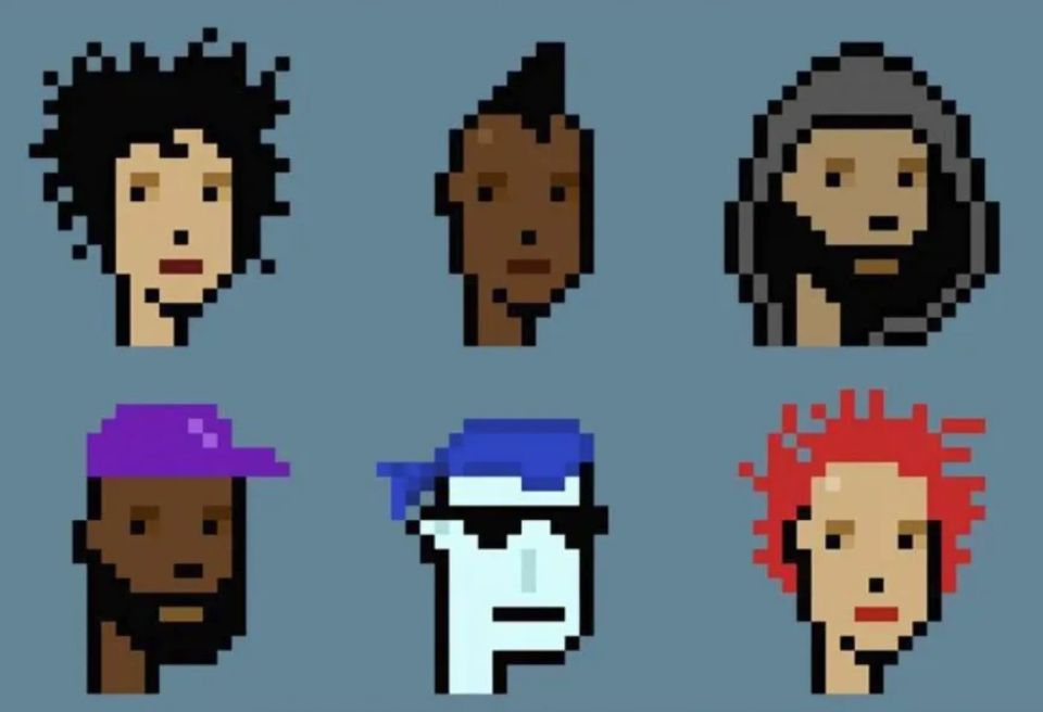 Six pixellated avatars with randomized traits from the CryptoPunks collection against a grey background.