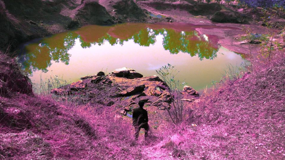 A man standing in a purple landscape in front of a body of water with trees reflected in it.