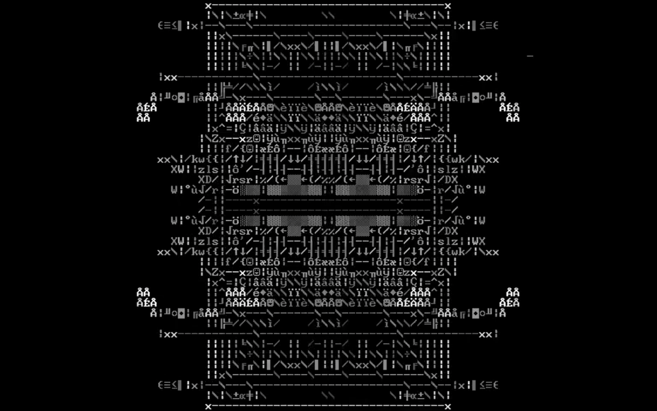 A black screen with a sculptural combination of letters and symbols.