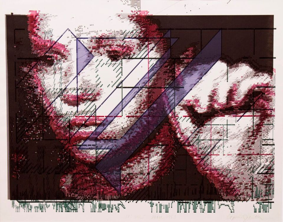 An image of a women rendered with early computer plotting graphs, with shades of maroon, purple and green.