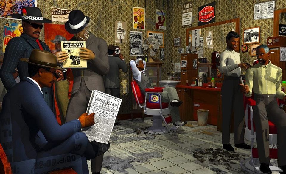 A video game image of black men in suits and hats sitting in a barber shop, reading newspapers and relaxing, in the style of a classic film.