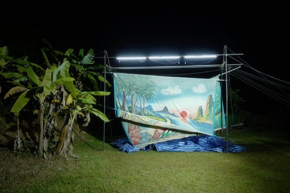 Tarps with colorful scenes painted on them are placed under lights in a natural setting at night.