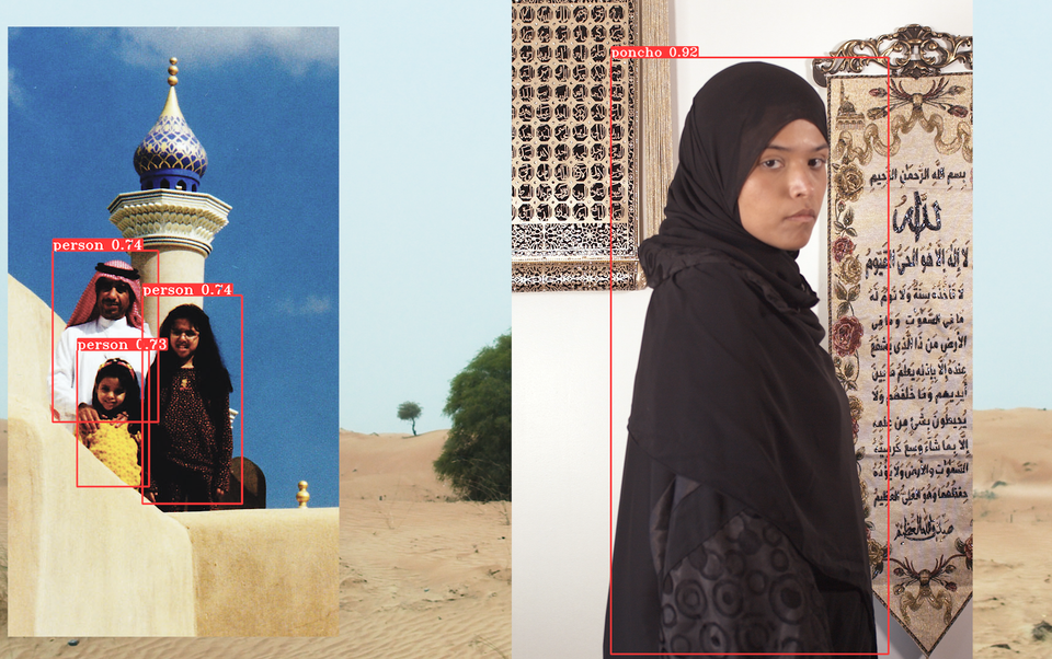 Desktop-style collage of images with a woman in a hijab on the right, a desert landscape in the background, and people on the left being tagged with machine-readable digital labels.