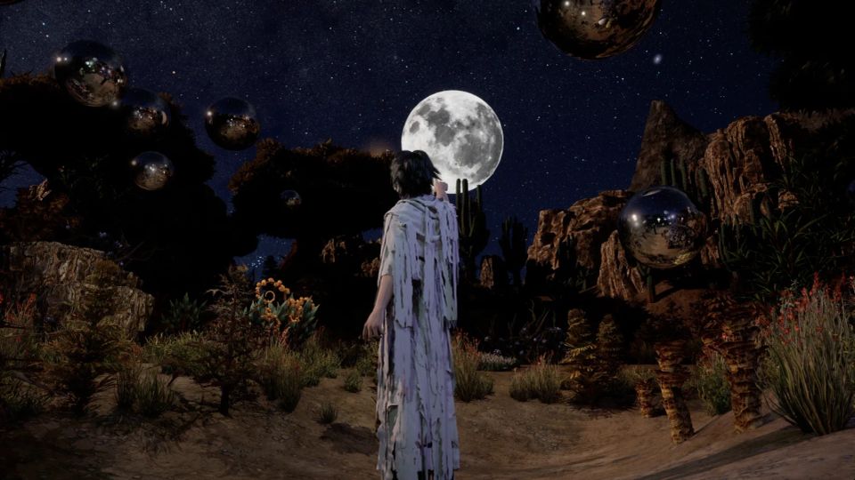 A computer graphic rendered image of a figure in ripped white clothes reaching towards a huge moon in a night sky with a desert-like environment around him.