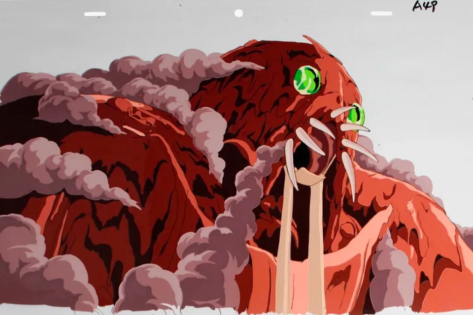 A drawing of a giant, red creature with green eyes and protruding long teeth, covered in billowing smoke.