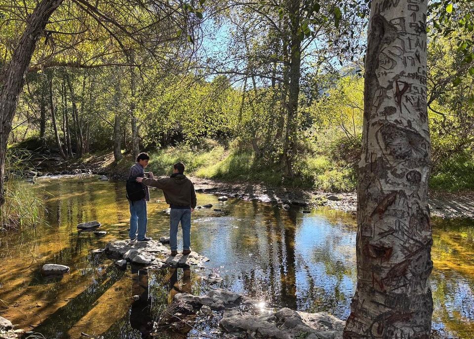 Two men standing on rocks in the middle of a creek with trees all around them and a sunny blue sky in the distance..