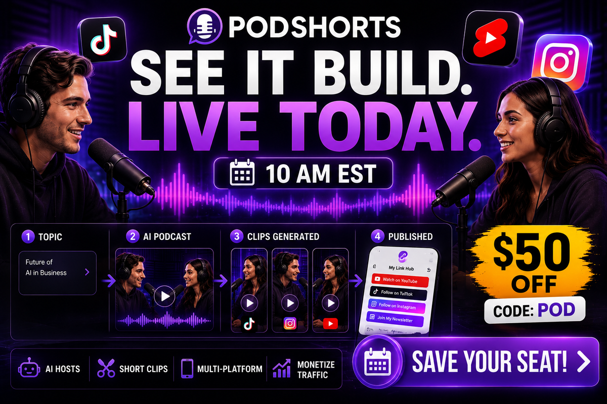 TODAY at 10 AM: Watch PodShorts Build An Entire AI Podcast Show LIVE