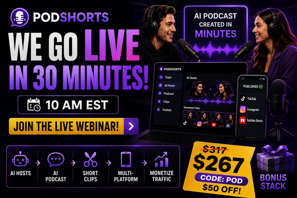 ⚠️30 Minutes To LIVE: Come See PodShorts Build An AI Podcast Show
