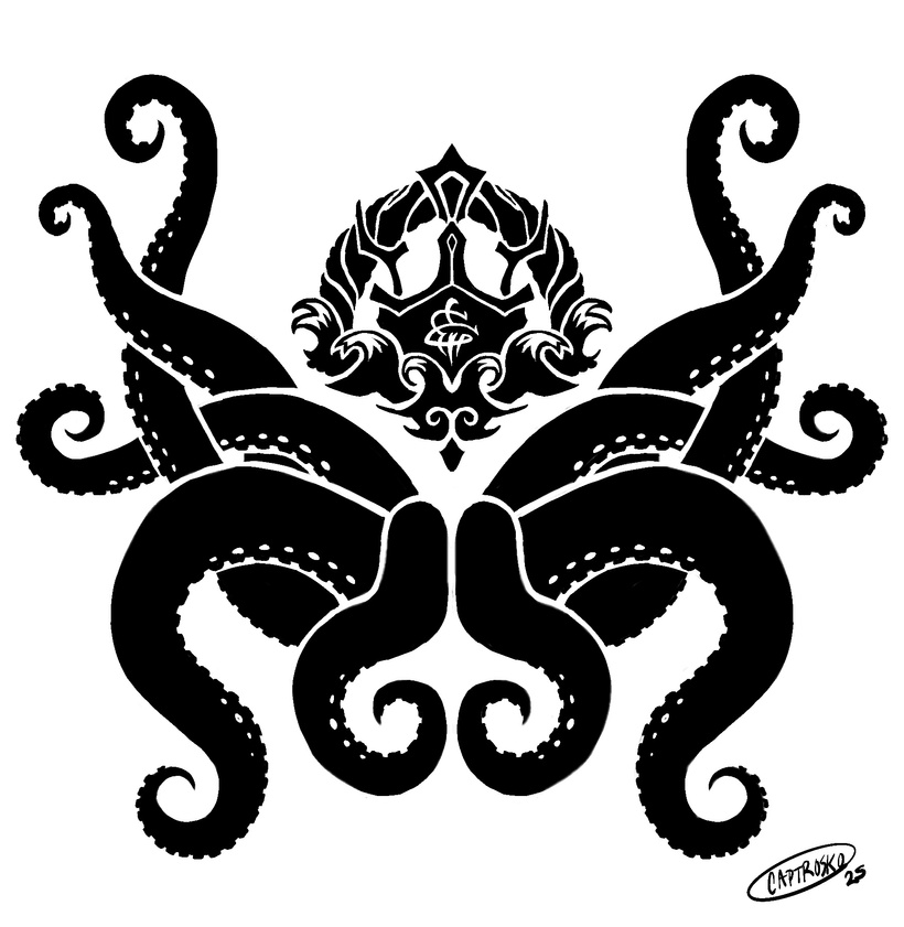 An elemental galleon riding the waves, above a host of tentacles.