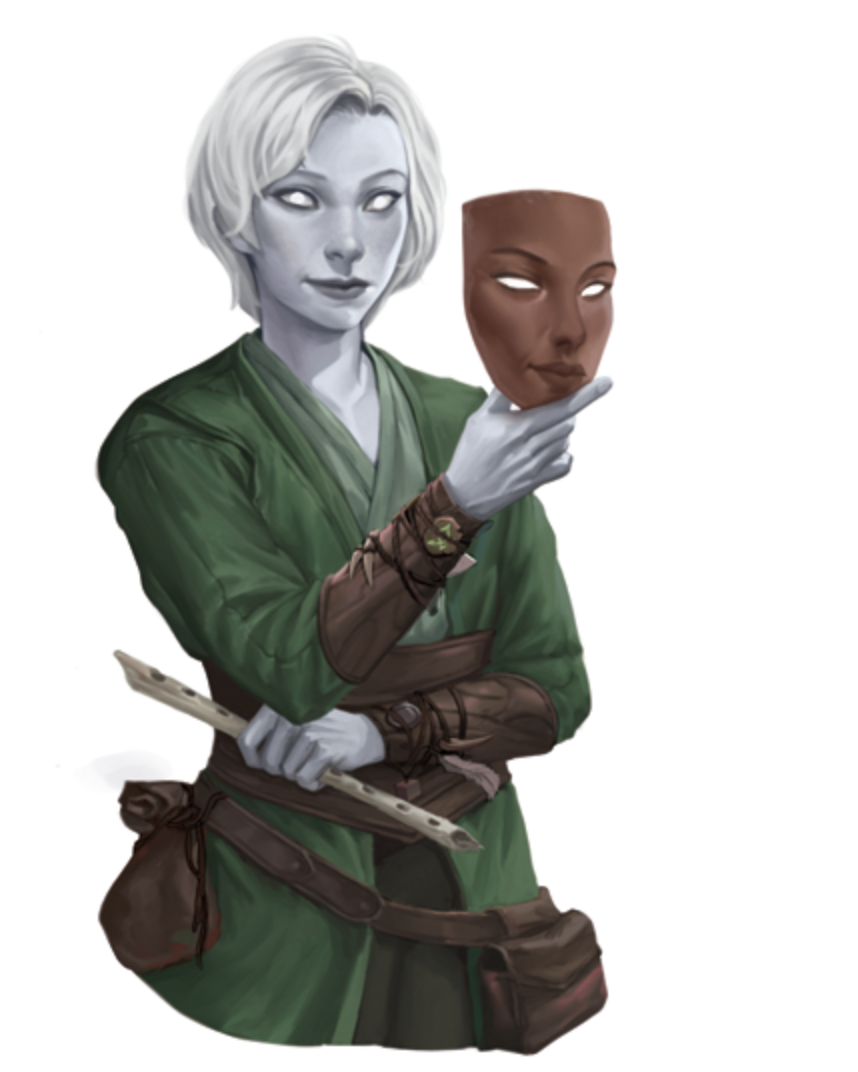 A changeling with pale skin holds a mask in front of their face.