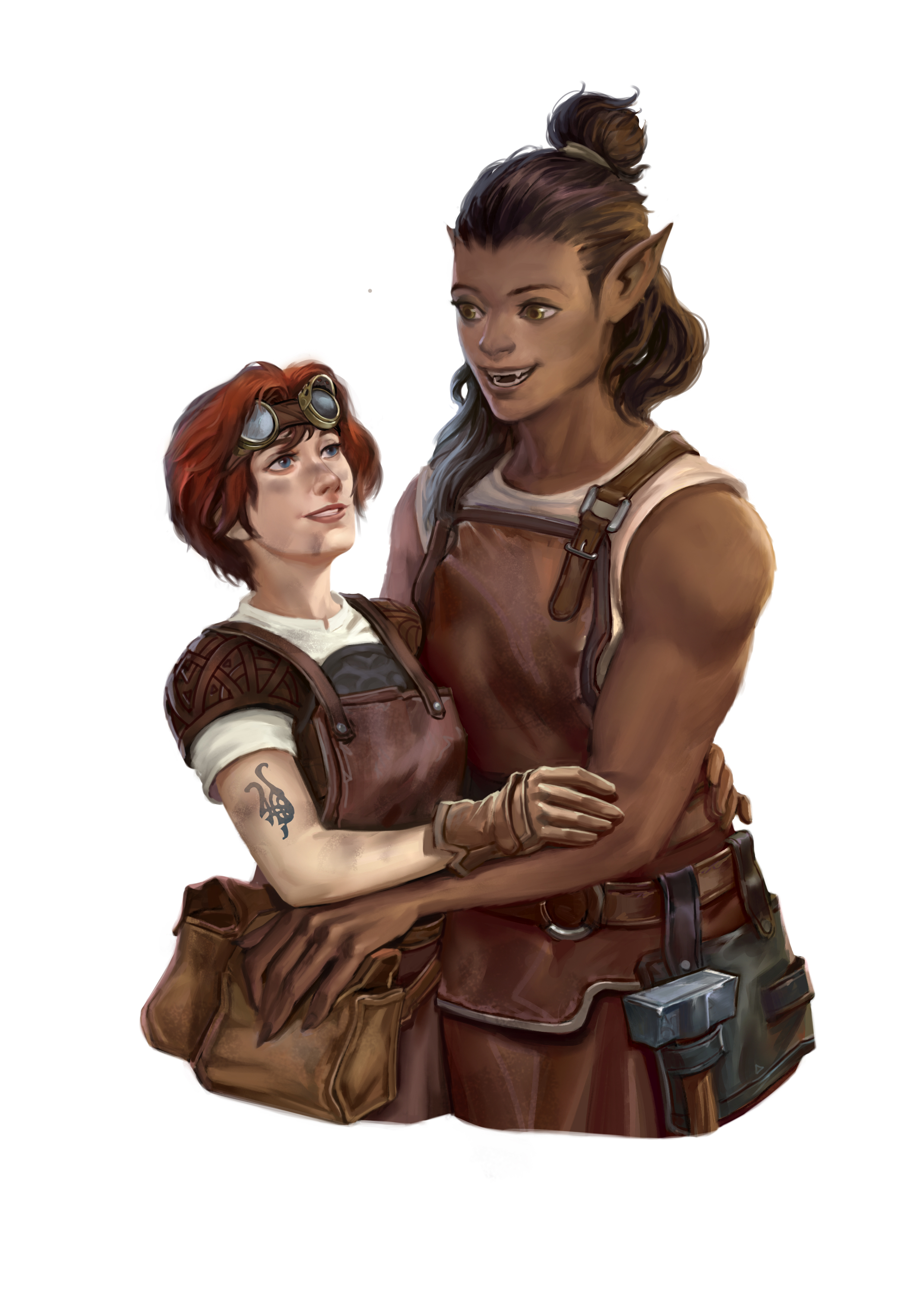 A red-haired woman with welding goggles on her forehead and the Mark of Making on her arm looks up at a tall female shifter wearing a blacksmith's apron. 