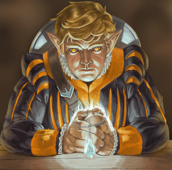 A masculine elf stares at the symbol of the Silver Flame.