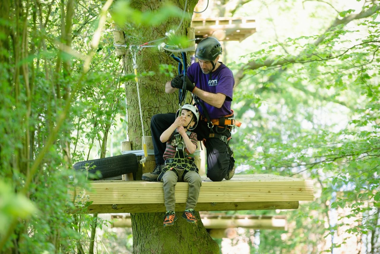 Child on a zipline high in the trees