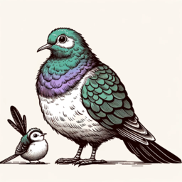 A cartoonish picture of a small tīrairaka on the left with a large kererū next to it on the right.