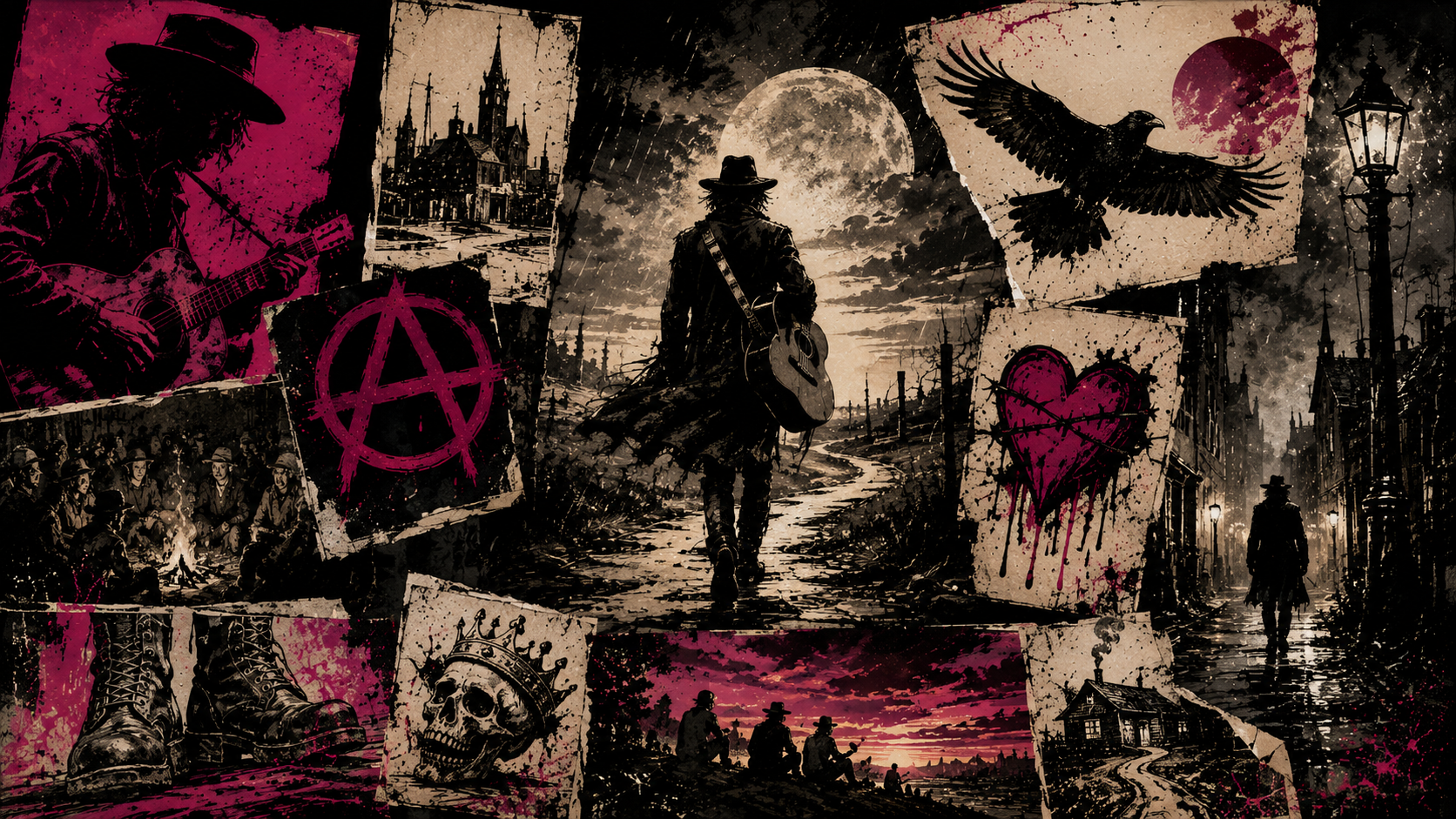 Wandering musician on a moonlit road, surrounded by torn punk-zine fragments: raven, campfire, boots, ruined towns, broken heart and distant homes, all stained in black and magenta.