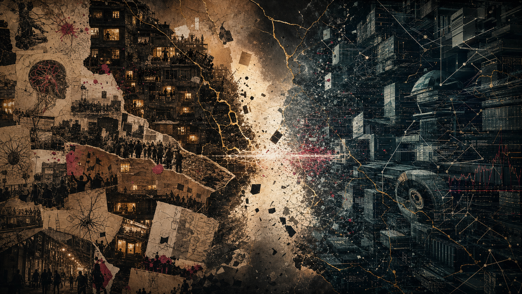 Human collage and cold AI architecture collide across a bright empty wound; failed gold repair lines and unreadable language shards mark the bridge that never formed.