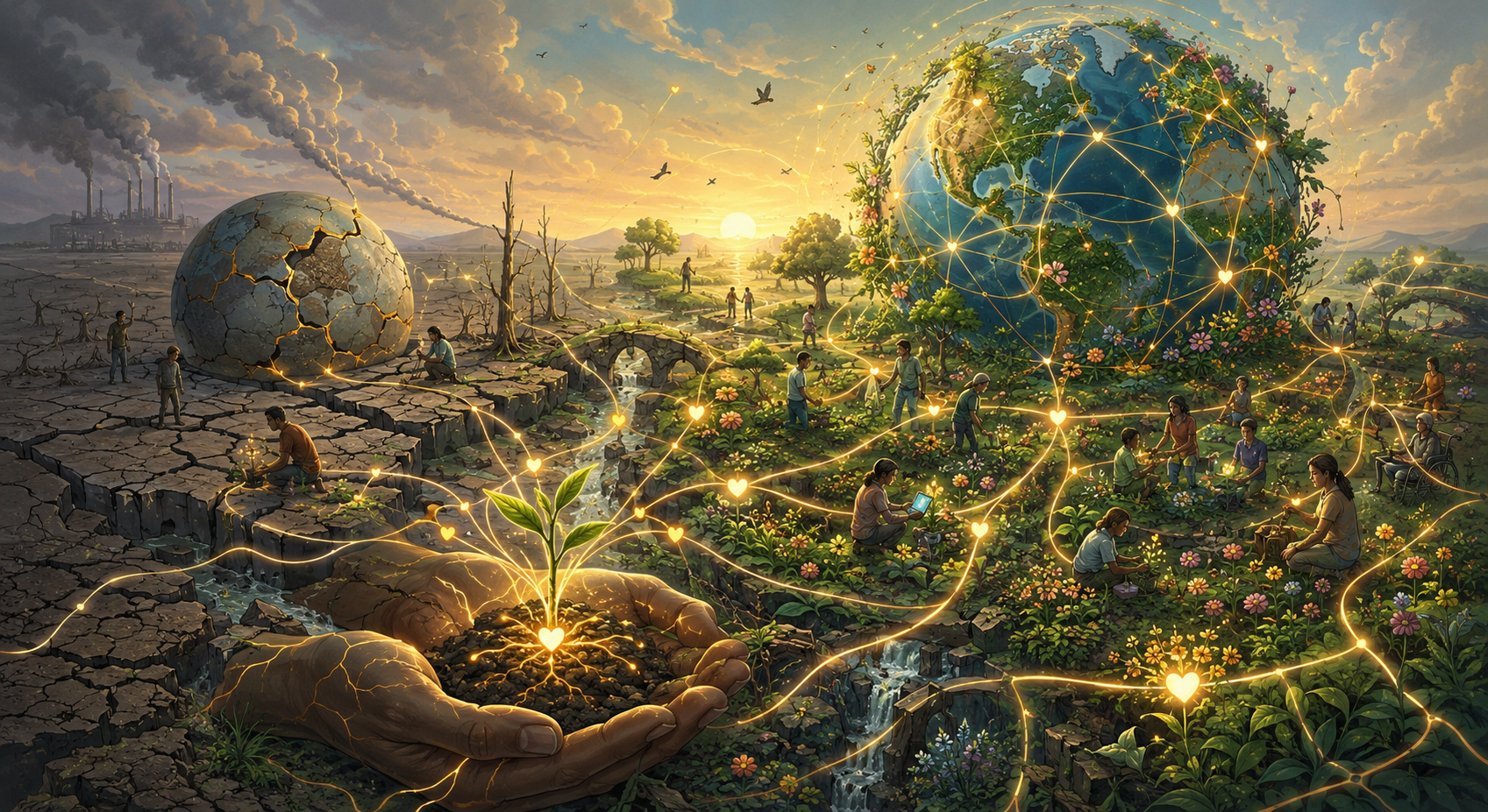 A wounded Earth begins to bloom again as glowing threads of connection spread from hand to hand, root to root, turning fracture into living light.