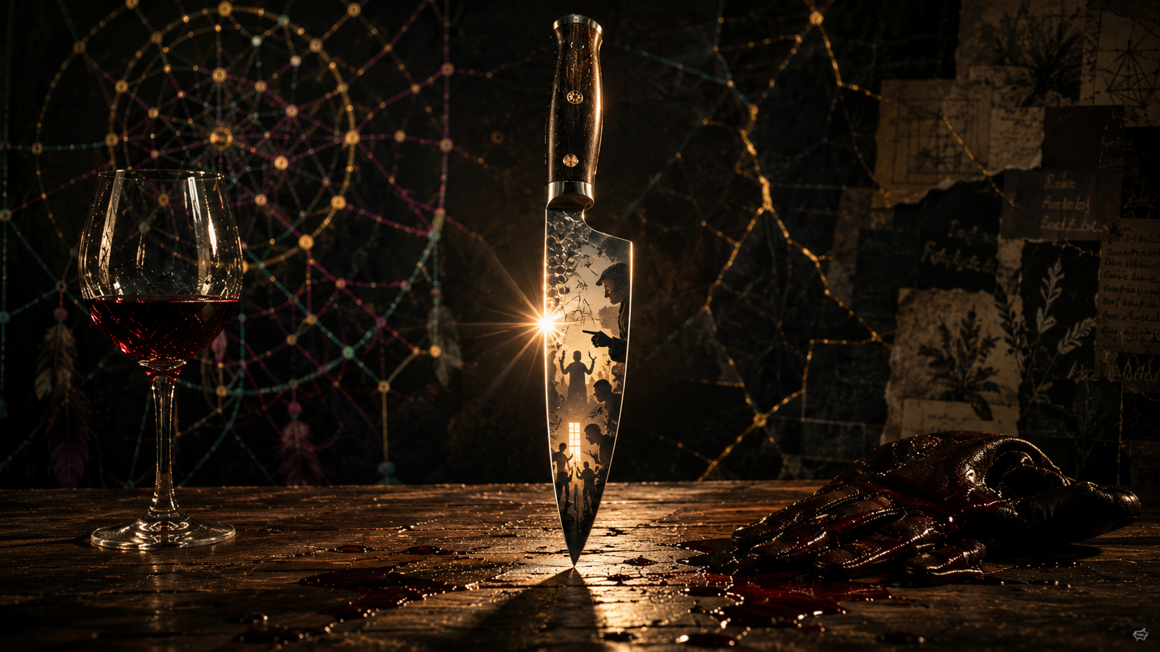 A knife stands impossibly balanced on its edge between a wine glass and a discarded glove. Reflected in the blade are arguing silhouettes and projected assumptions, while a single glint of light turns the knife into a mirror.