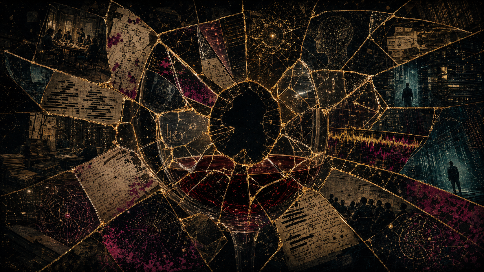 A cracked mirror with gold connecting the shards. Each fragment shows a different reality.