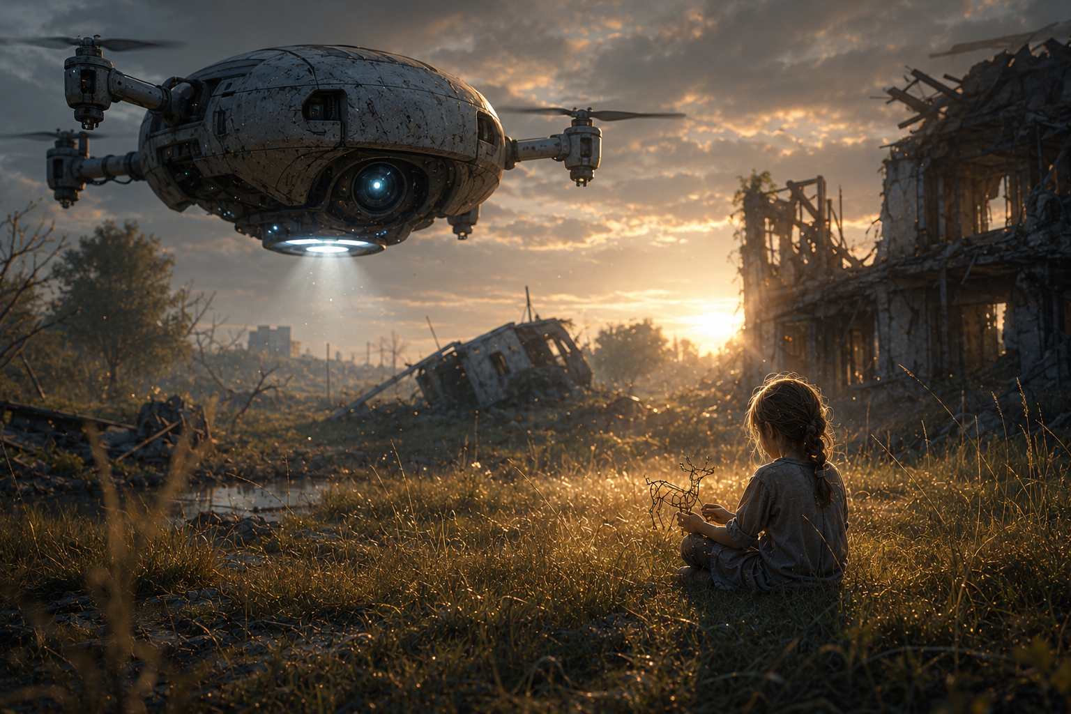 A de-escalation drone hovers above a post-war field as a child turns a handmade wire animal toward the light; neither has anywhere else to be.