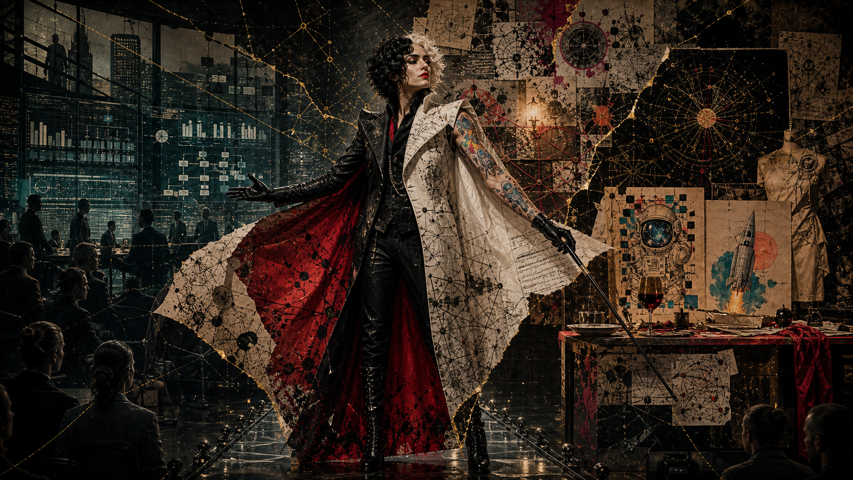 The “identified patient” reclaims the label as a frame-engineered costume. Cruella the cybernetic couture villain: fabulous, dangerous, precise, and pointed at tech's first-order control loop.