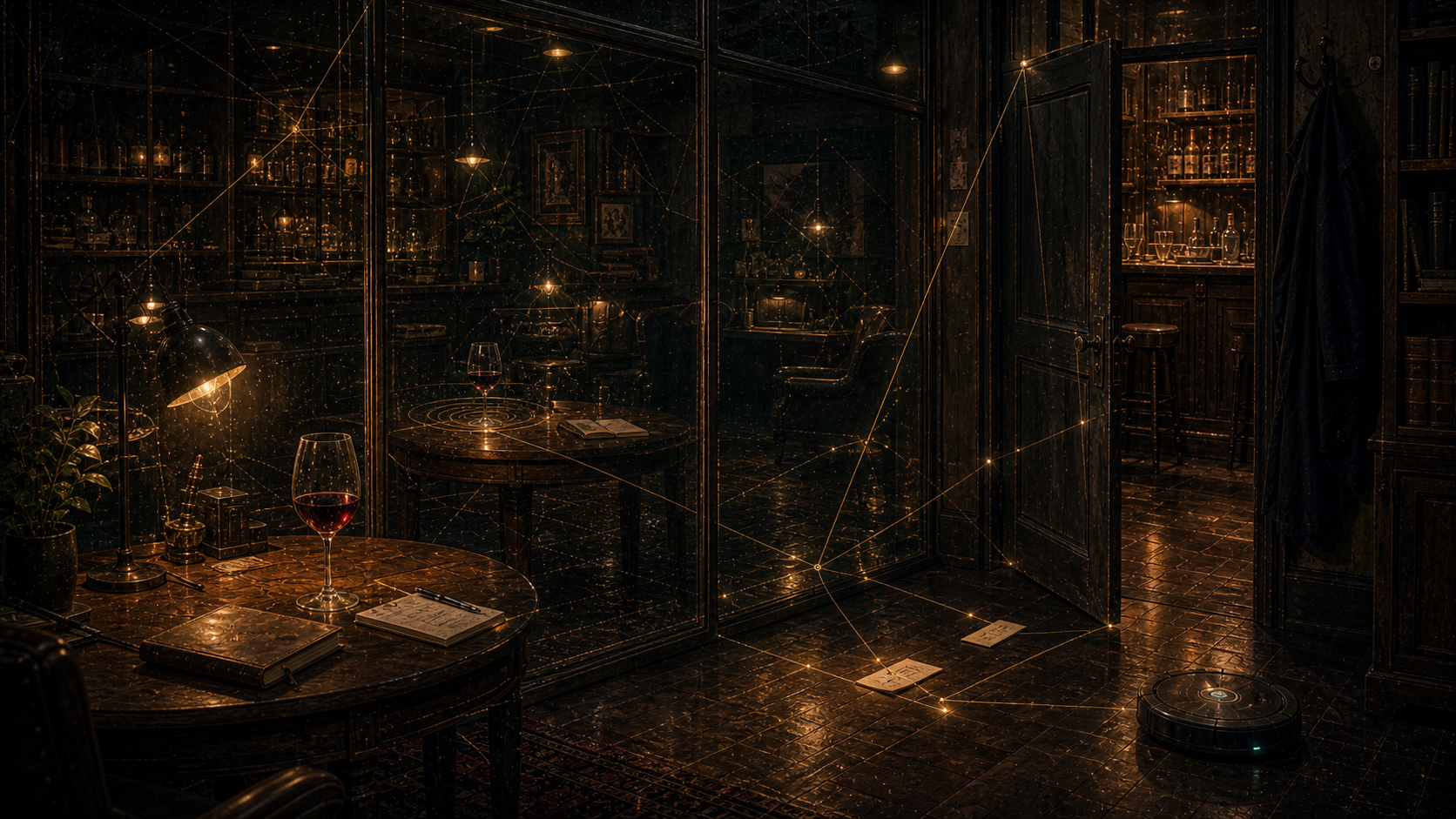 A dark bar-library reflected in glass: wine glasses, question cards, gold geometry, an open door, a coat on a hook, and a Roomba quietly crossing the floor.