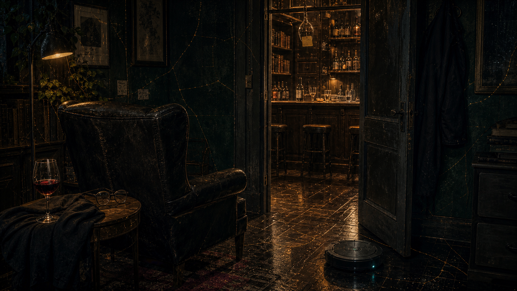 A leather chair, empty. A door, ajar. A wine glass hanging from a ceiling in a bar the door leads to. A Roomba at floor level. The room is doing what the room does.