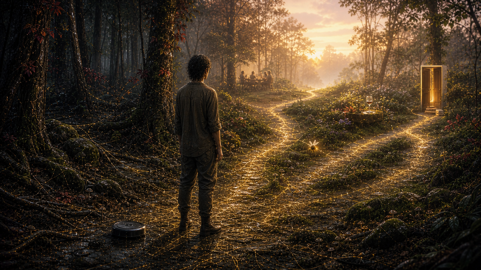 A person at a dawn forest threshold, turned forward. Behind: rain-dark forest with gold mycelium. Ahead: luminous paths into morning light โ wine glass, open door, bee. Roomba passes.