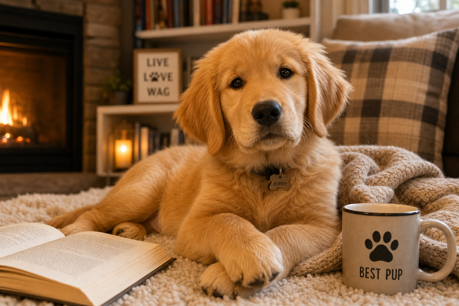 A delightful cute puppy in a lovely living room. There's a fire place. A blanket. A book. A sign that reads "LIVE LOVE WAG" (the O is a delightful paw). And a cup with a paw print and "BEST PUP".