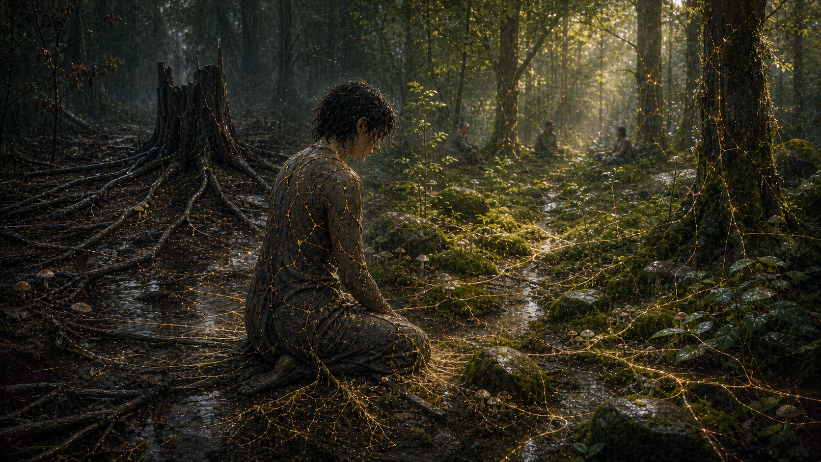 Cracked kneeling figure in a rain-dark forest leaks gold mycelium into moss and roots, bridging a dead stump and a warm clearing where people sit together.