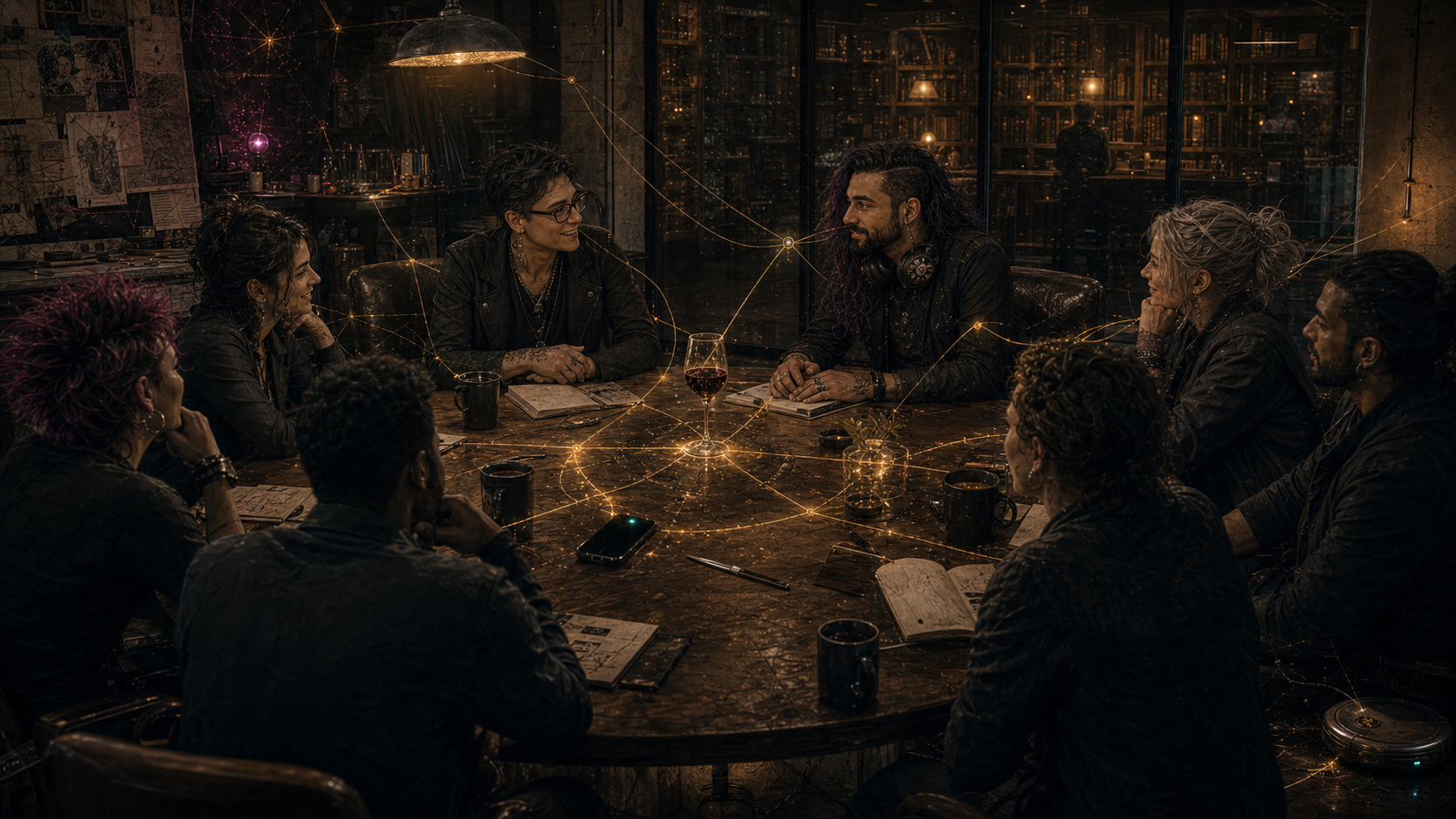 A wine glass on a coffee table. A Roomba at floor-level. A Signal notification lit at the edge of the frame. The three objects and the reader form a fourth thing that has no image. It is not decorative. It is the piece.