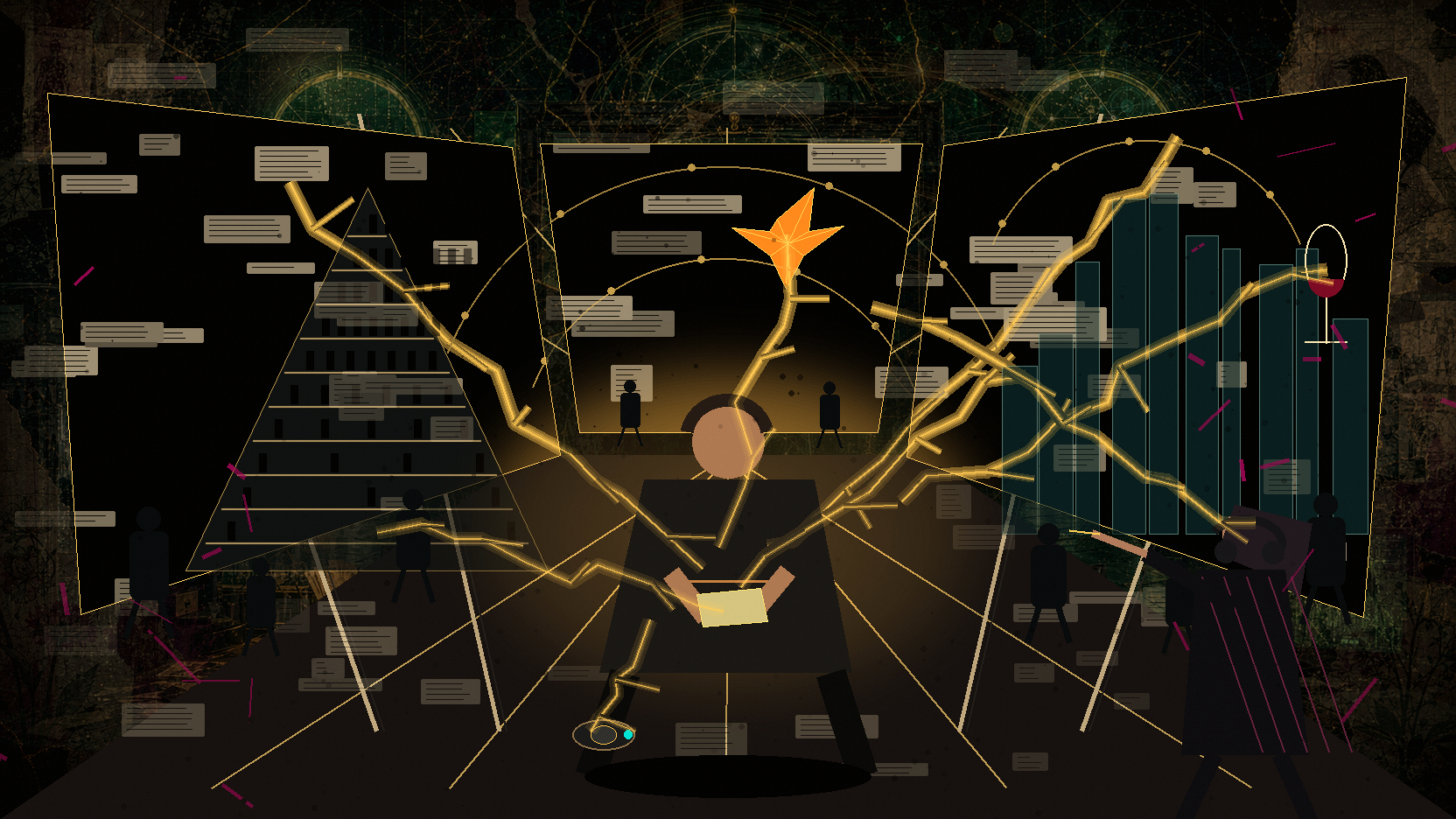 An incomprehensible composition that distantly resembles a person. Odd lightning cracks and impossible geometry. The image is disturbing.