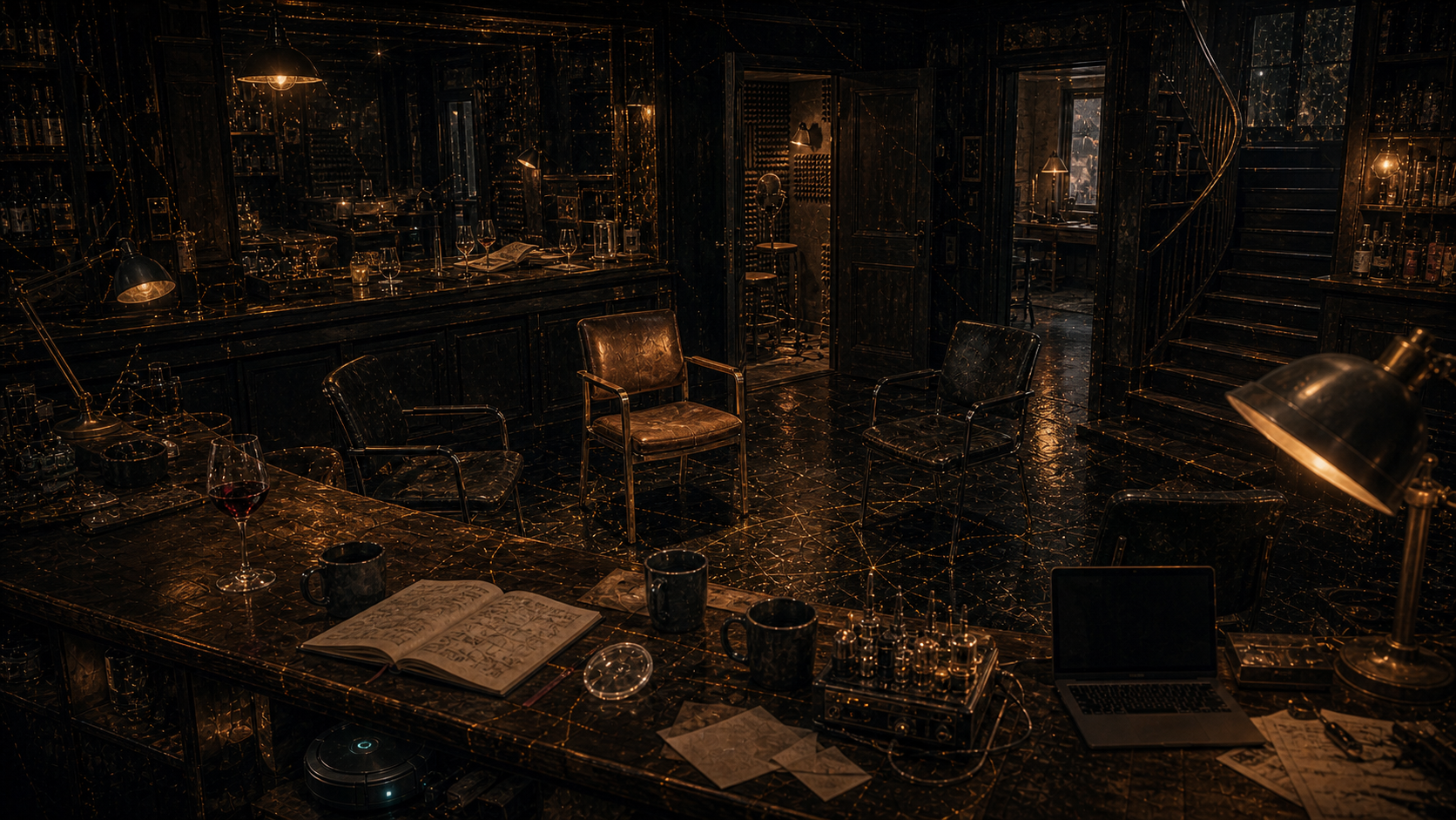 Three hands hover over a luminous coin as the fourth chair waits; the room proves the theorem: no one holds coherence alone. The Roomba keeps moving.