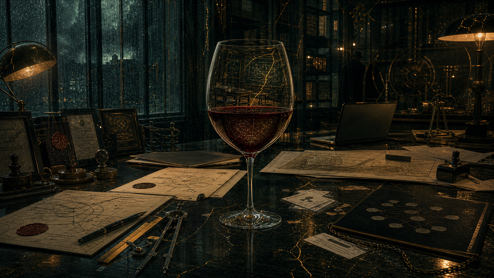 A cracked wine glas. A desk. Documents. And quiet paperwork that does the load-bearing diagnostic.