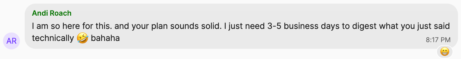 Andi Roach "I am so here for this. and your plan sounds solid. I just need 3-5 business days to digest what you just said technically bahaha 8:17 PM"