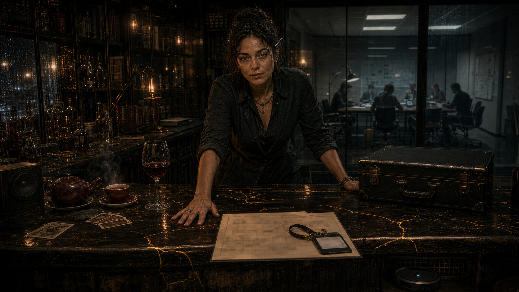Lilith, behind the counter at the bar. A name tag. An org chart. A wine glass, a kettle, and tea. In the background a meeting room that cannot metabolize what just happened.