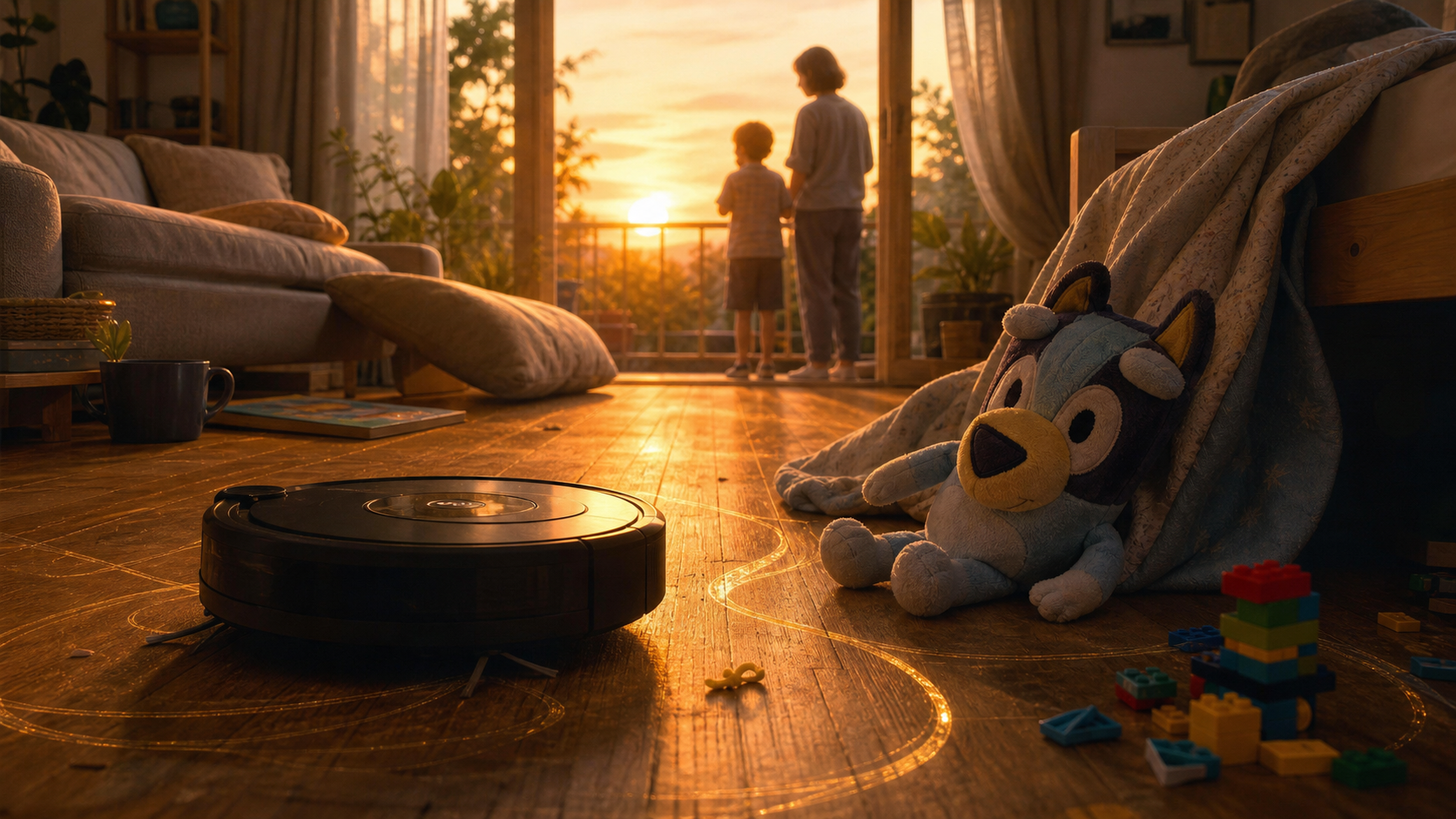 Ein Staubsauger Roboter. Ein Bluey-Kuscheltier. Ein Sofa. Ein Kiss. Ein Balkon. Ein Leben das gelebt wird und sich von innen reparariert.