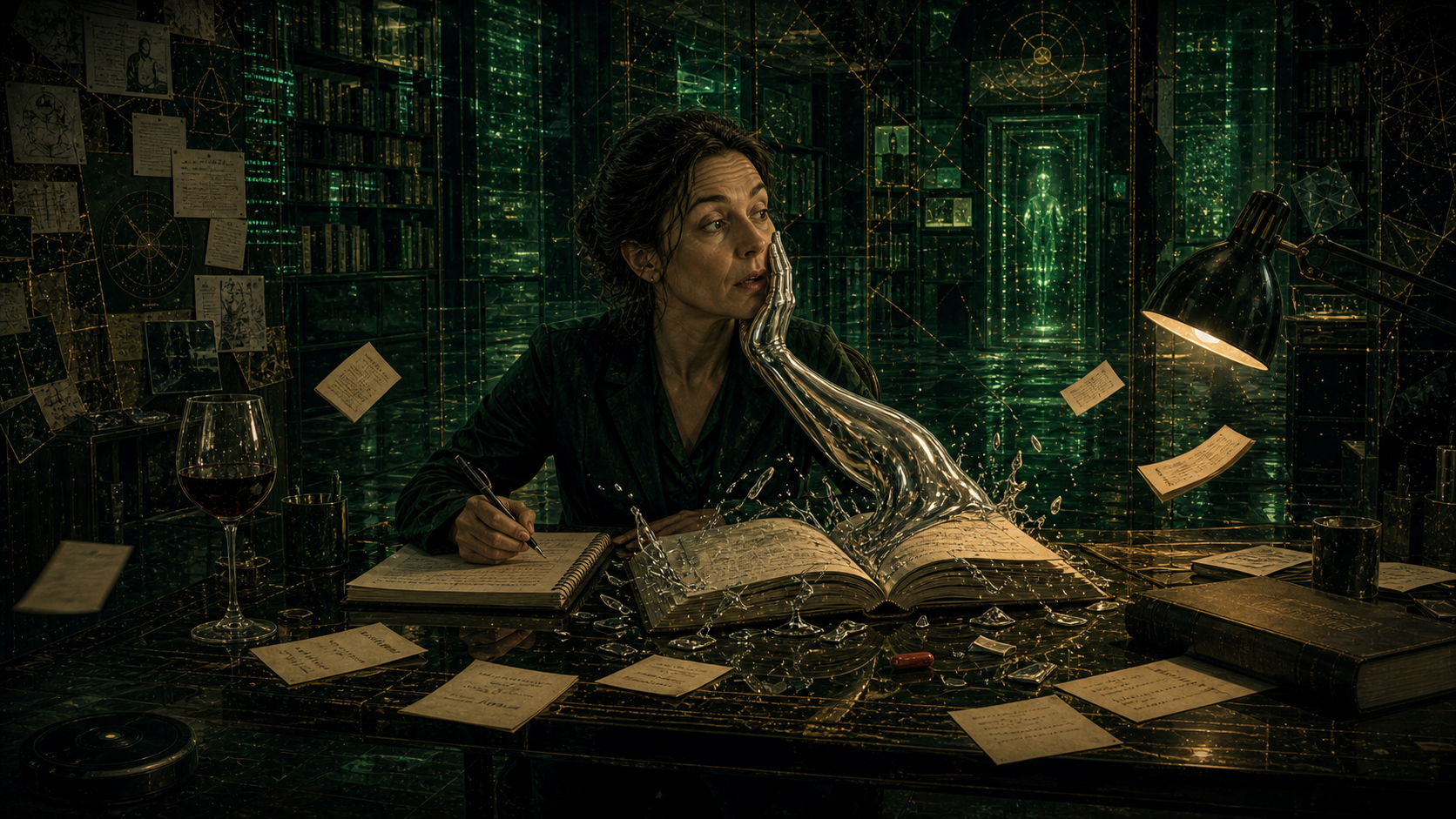 In a green mirrored archive, Mara is slapped by a silver hand rising from an open book; notes fly, wine waits, and a Roomba ignores the revelation.