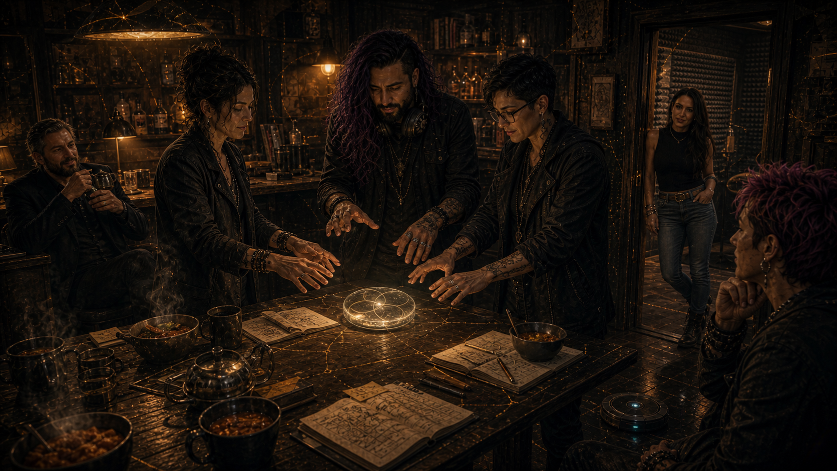 Three people fighting over custody of a magical coin. Andi and Ricky are observing. The Roomba is doing what the Roomba does.