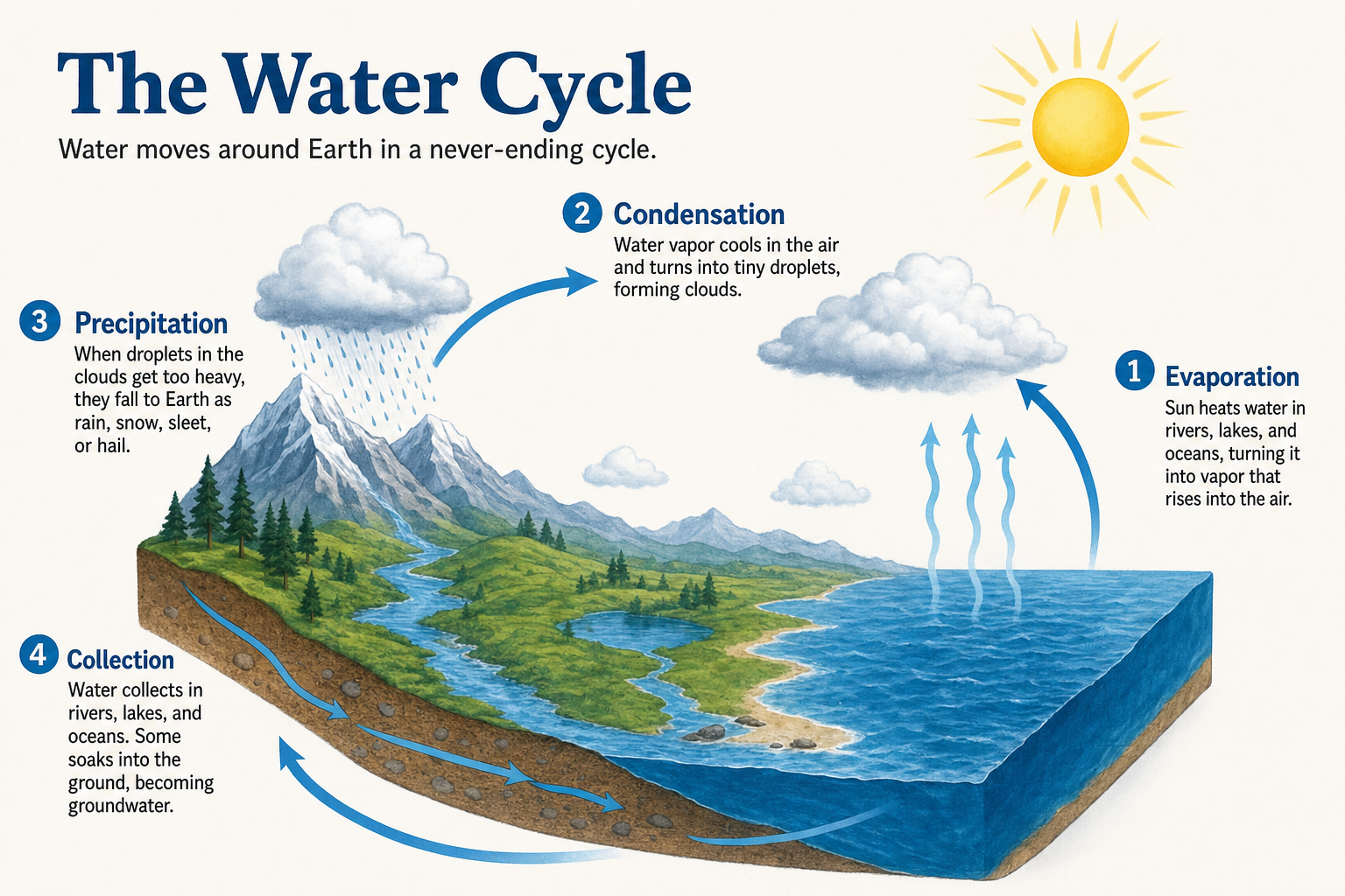 Info graphic: "The Water Cycle β Water moves around Earth in a never-ending cycle. β 1. Evaporation: Sun heats water in rivers, lakes, and oceans, turning it into vapor that rises into the air. β 2. Condensation: Water vapor cools in the air and turns into tiny droplets, forming clouds. β 3. Precipitation: When droplets in the clouds get too heavy, they fall to Earth as rain, snow, sleet, or hail. β 4. Collection: Water collects in rivers, lakes, and oceans. Some soaks into the ground, becoming groundwater."