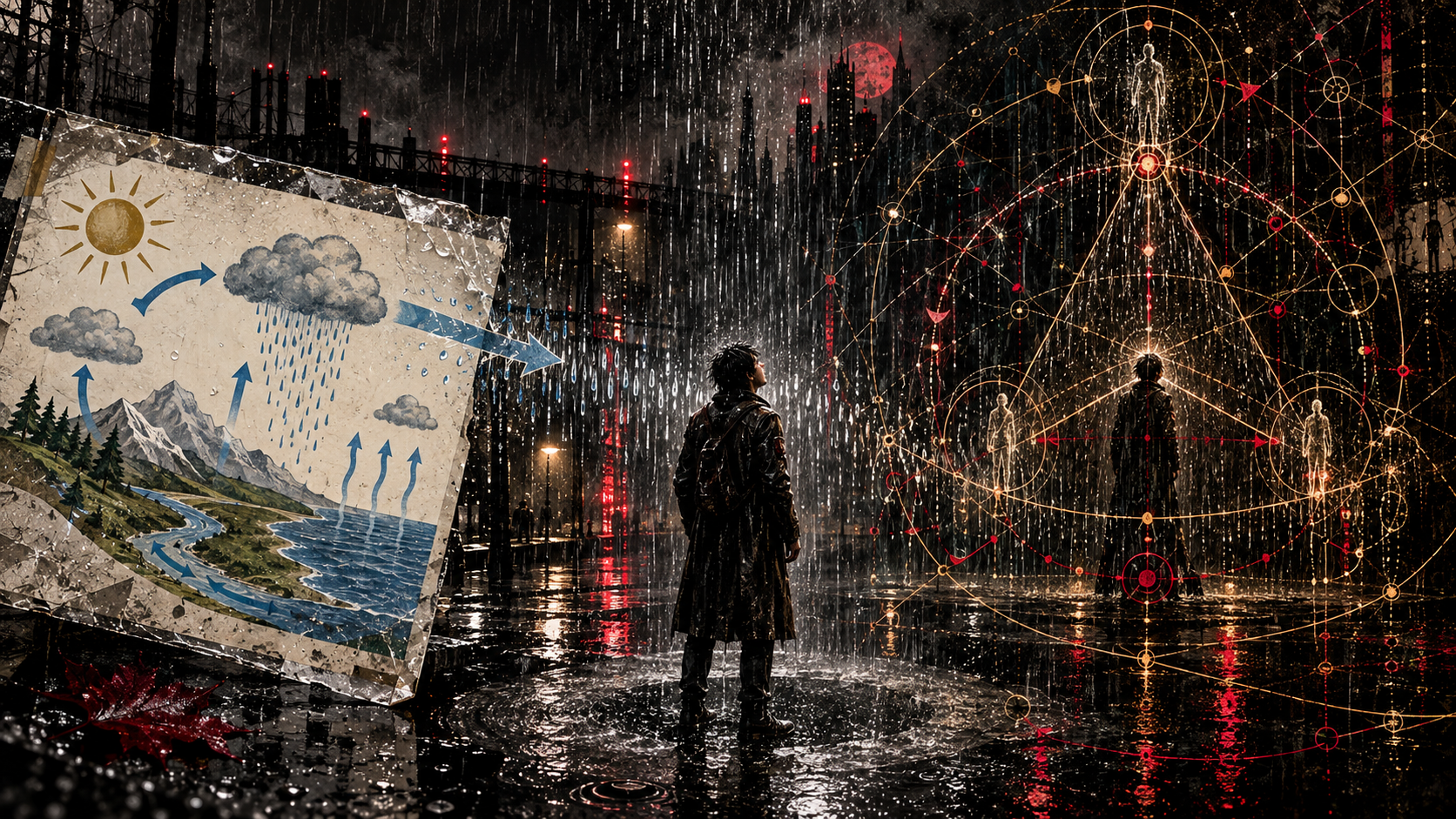 A noir Sin City scene: A first-order laminated cafeteria handout about the water cycle turns into second-order embodied rain and third-order self-observation. The observer is in the system.
