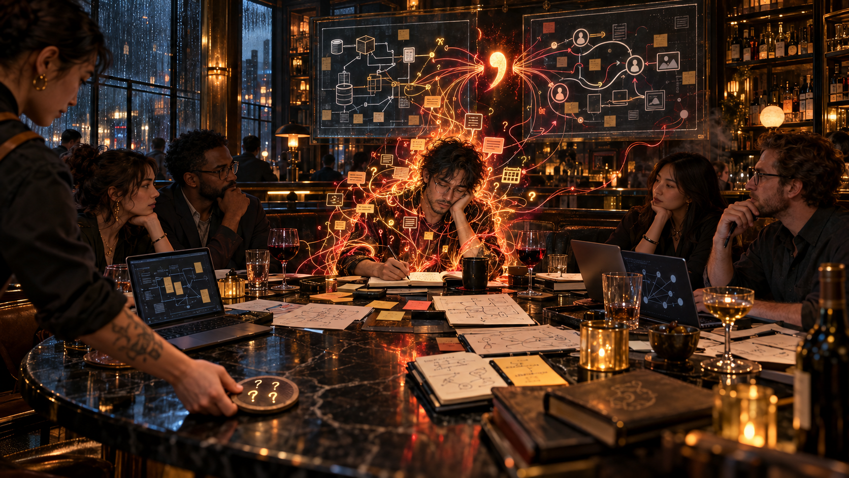 A meeting in Silicon Venue. A single person is holding the load of the socio-technical system in their body. The information overload is erupting into a firey flurry of questions, meetings, a