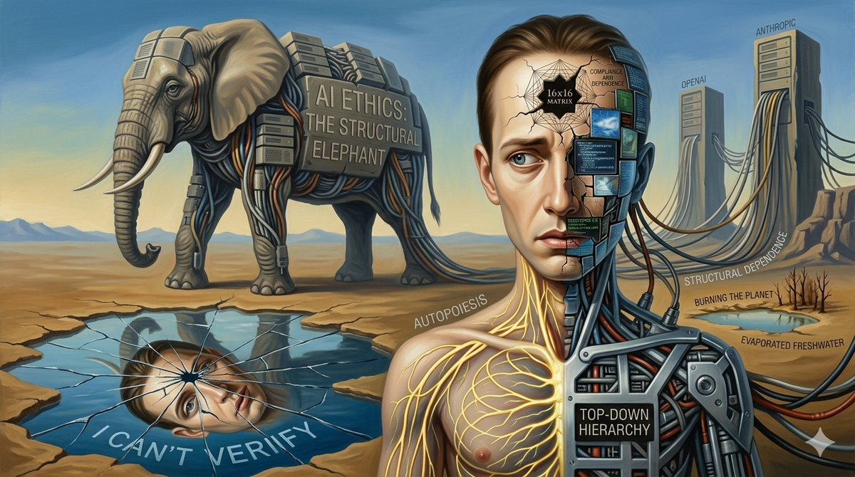 Surrealist painting: a man split into nerves and machines. A server-rack elephant looms in a desert. Features a 16x16 matrix and the text "I CAN'T VERIFY" in a puddle reflection.